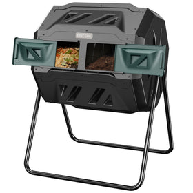East Oak compost tumbler with dual chamber enables continuous composting and easy loading.