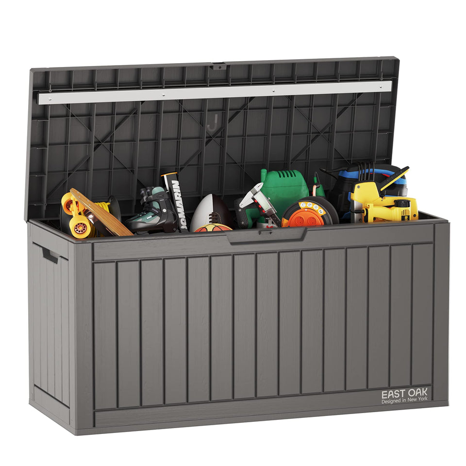EAST OAK deck box front view showing 60-gallon storage for cushions and tools.