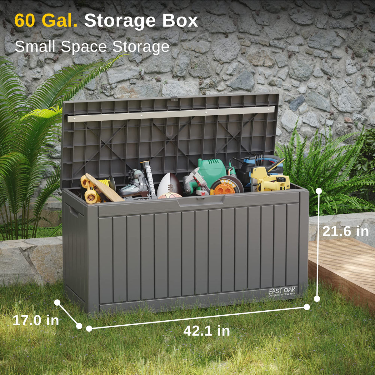 EAST OAK deck box side view highlighting spacious storage capacity.