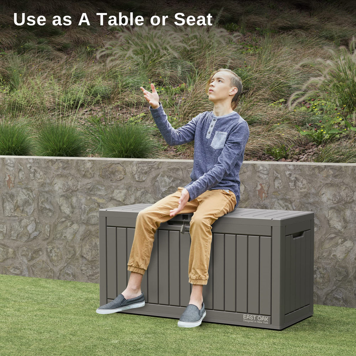 EAST OAK deck box easy assembly instructions shown for quick setup.