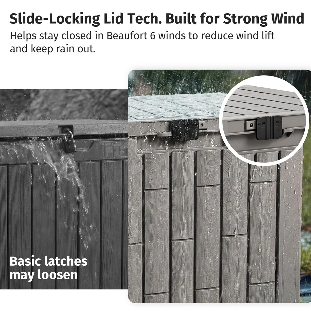 East Oak deck box fade-proof resin protects patio gear outdoors.