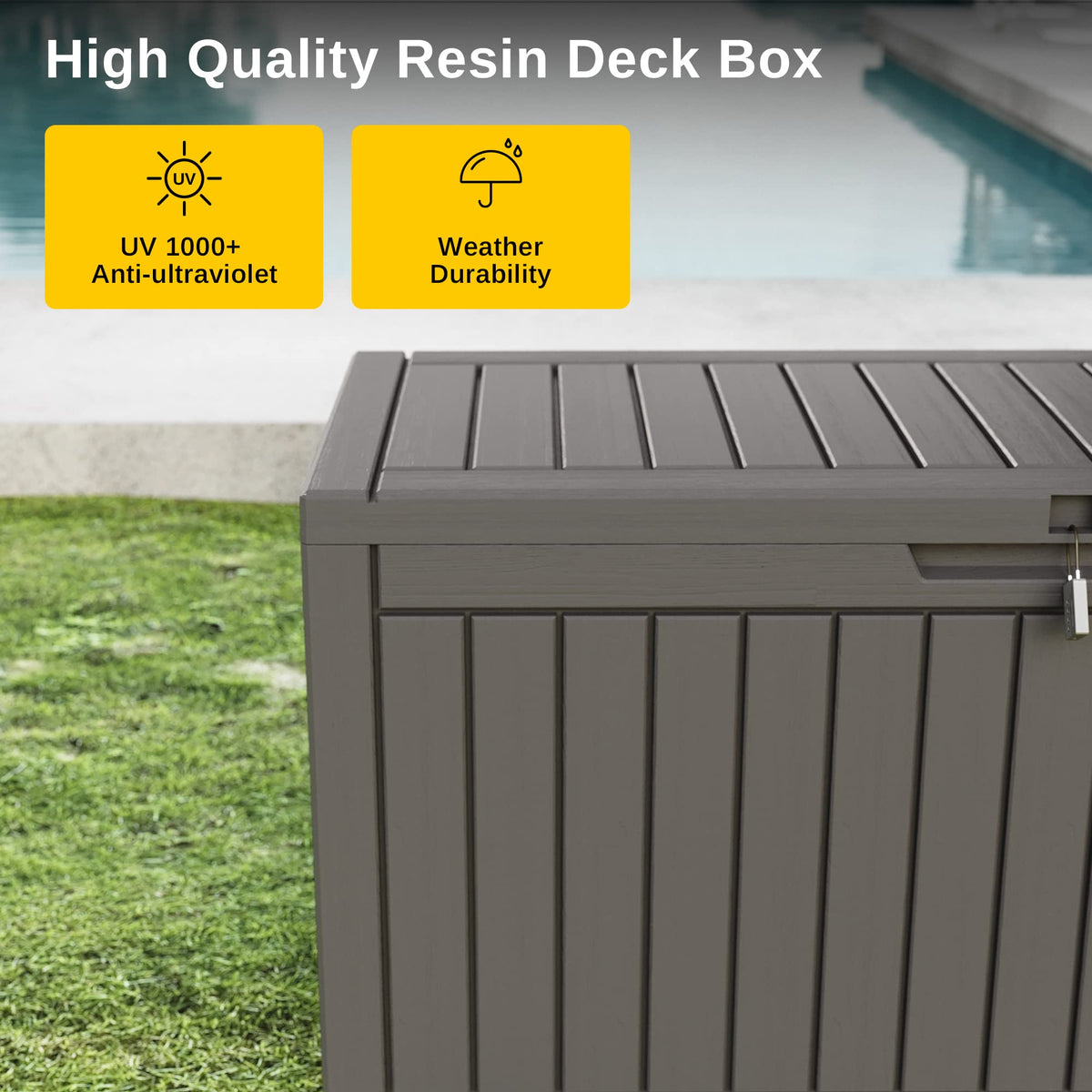 EAST OAK deck box with padlock-ready feature for secure outdoor storage.