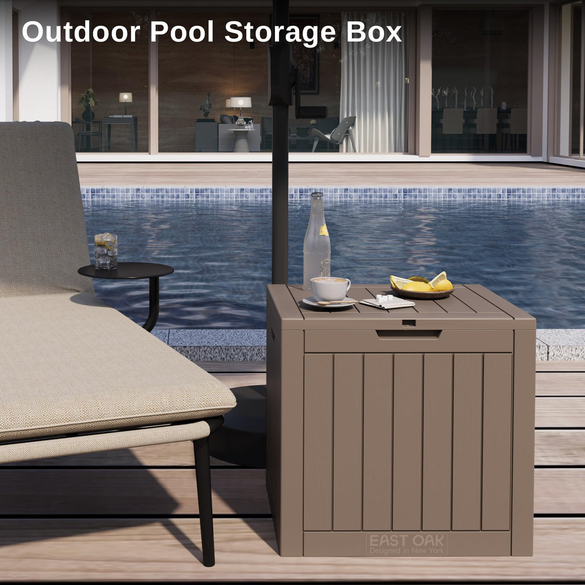 East Oak deck box on patio provides secure, organized outdoor storage.