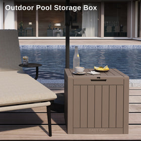 East Oak deck box on patio provides secure, organized outdoor storage.