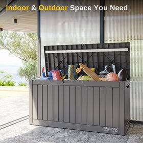 EAST OAK deck box weatherproof resin stands up to sun and rain.