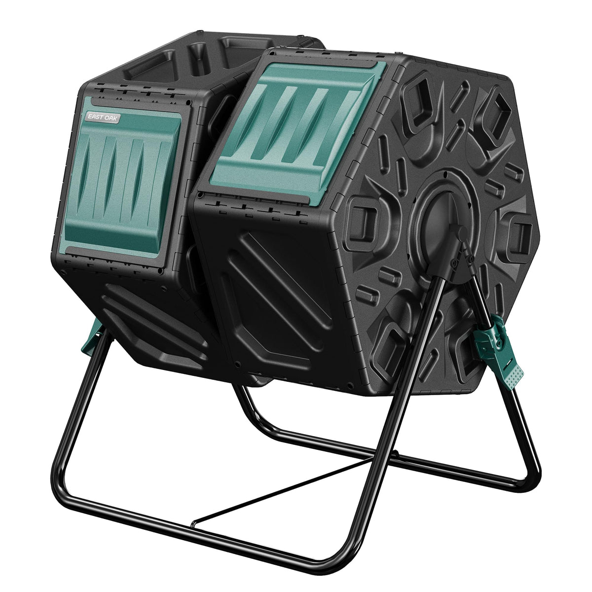 East Oak dual chamber outdoor compost tumbler in yard enabling continuous composting and easy waste management