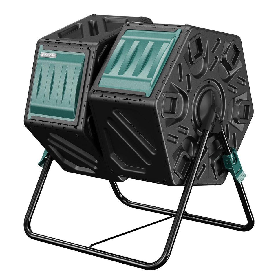 East Oak dual chamber outdoor compost tumbler in yard enabling continuous composting and easy waste management