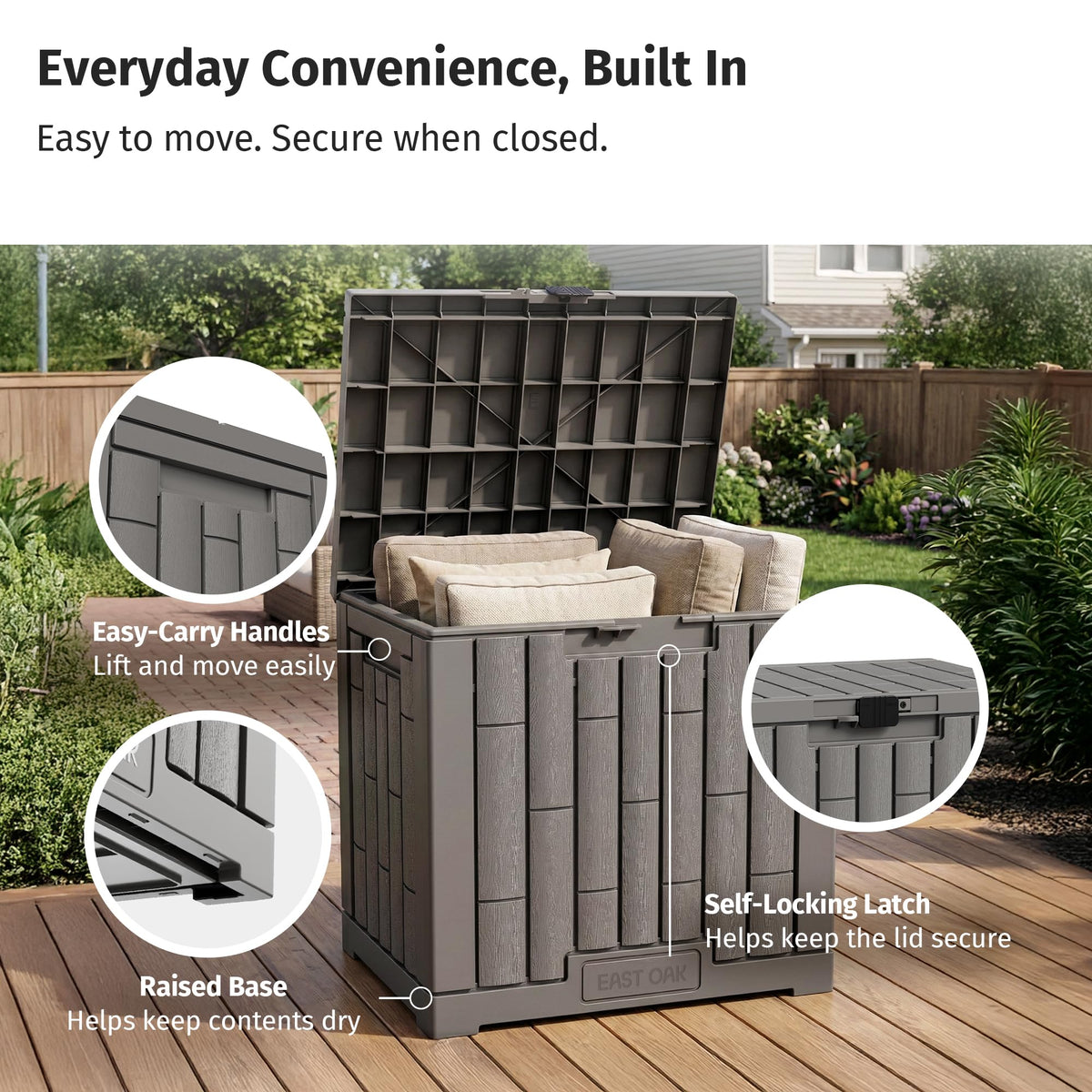 East Oak ergonomic handles make moving the storage box easier.