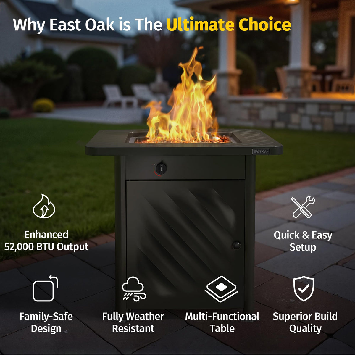 East Oak fire pit table built-in mesh pocket keeps essentials close during outdoor evenings