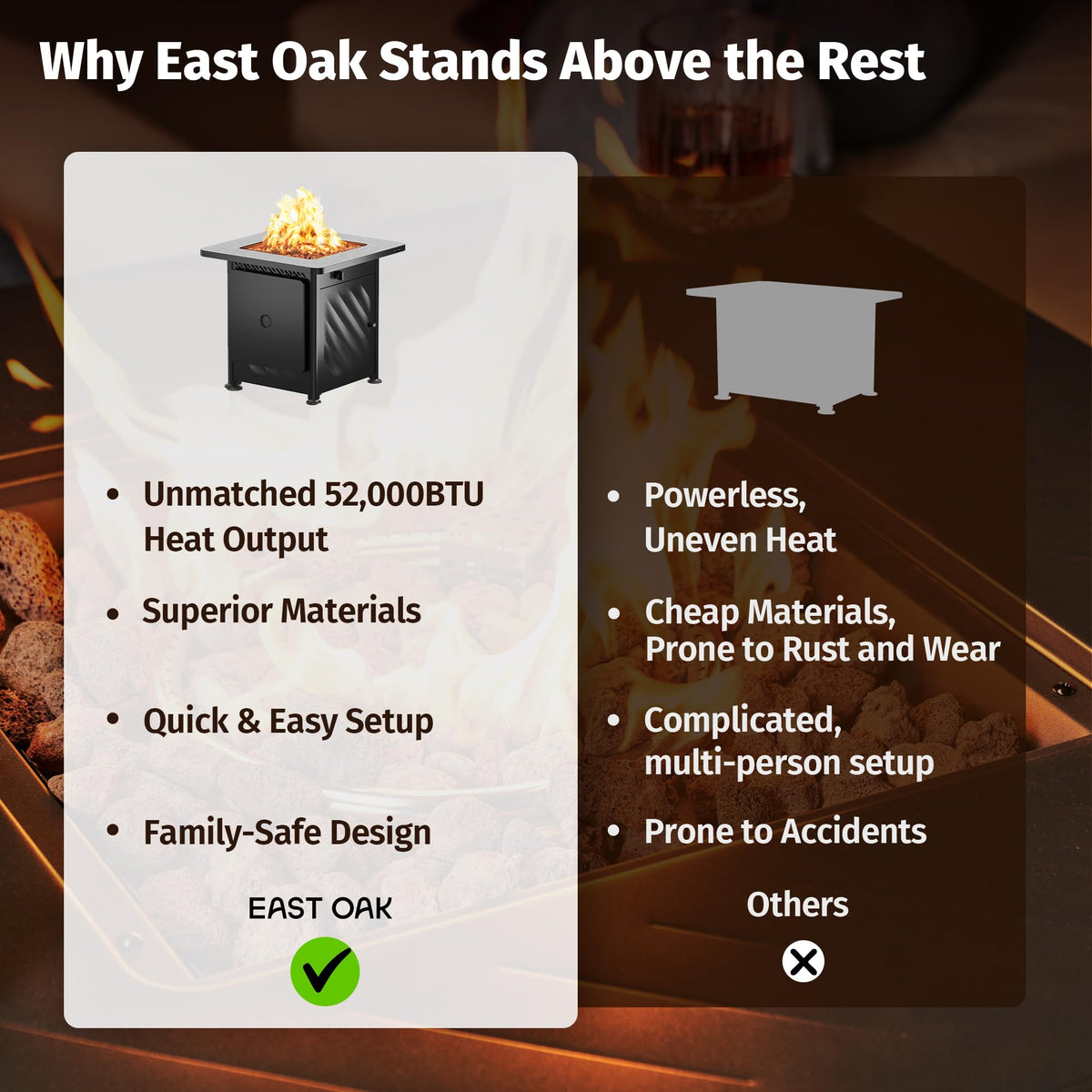 East Oak includes lava rocks for ambient flame and immediate setup