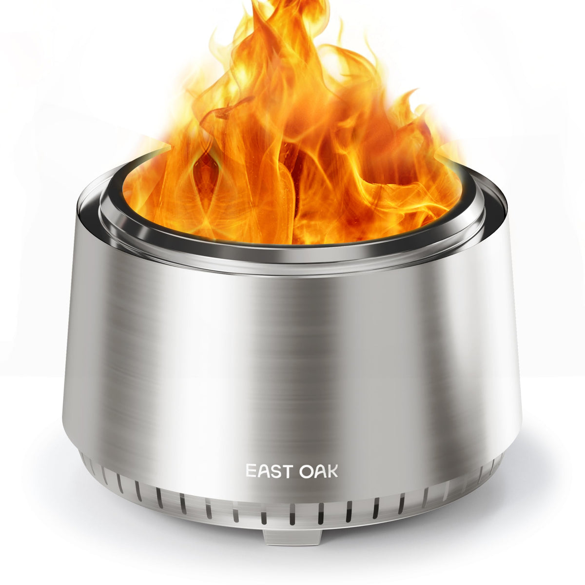 East Oak Fuoco smokeless fire pit assembly shows 21-inch size for outdoor warmth.