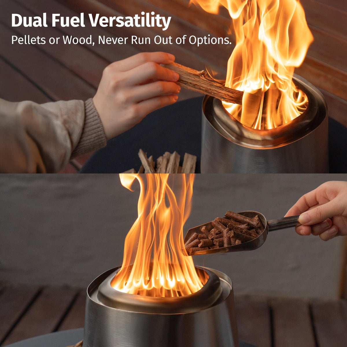 East Oak Fuoco dual-fuel system enabling wood or pellets for versatile fires