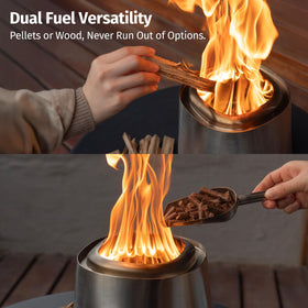 East Oak Fuoco dual-fuel system enabling wood or pellets for versatile fires
