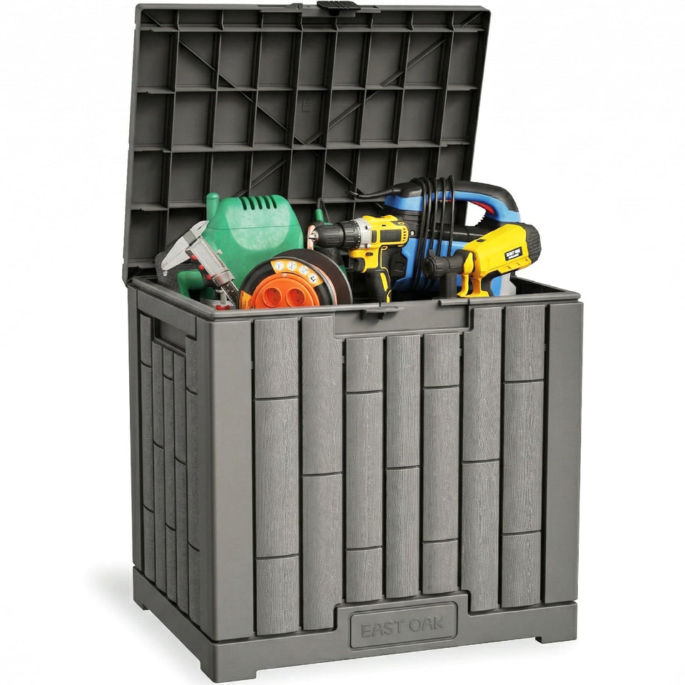 East Oak outdoor storage box waterproof lid shelters cushions and tools from rain.