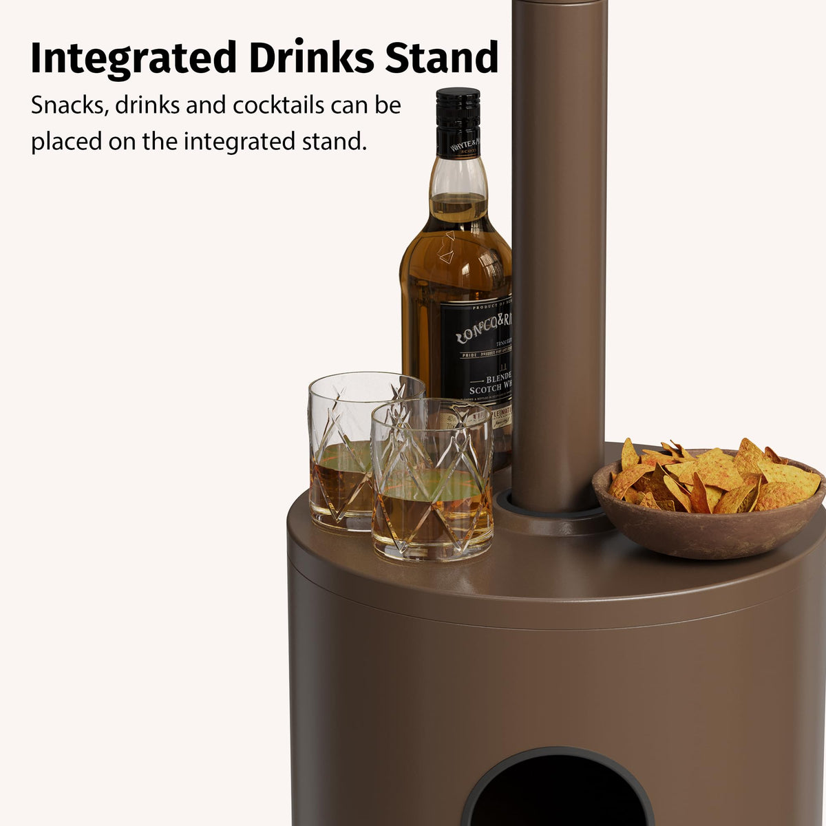 EAST OAK round-table design on patio heater maximizes surface for snacks and drinks