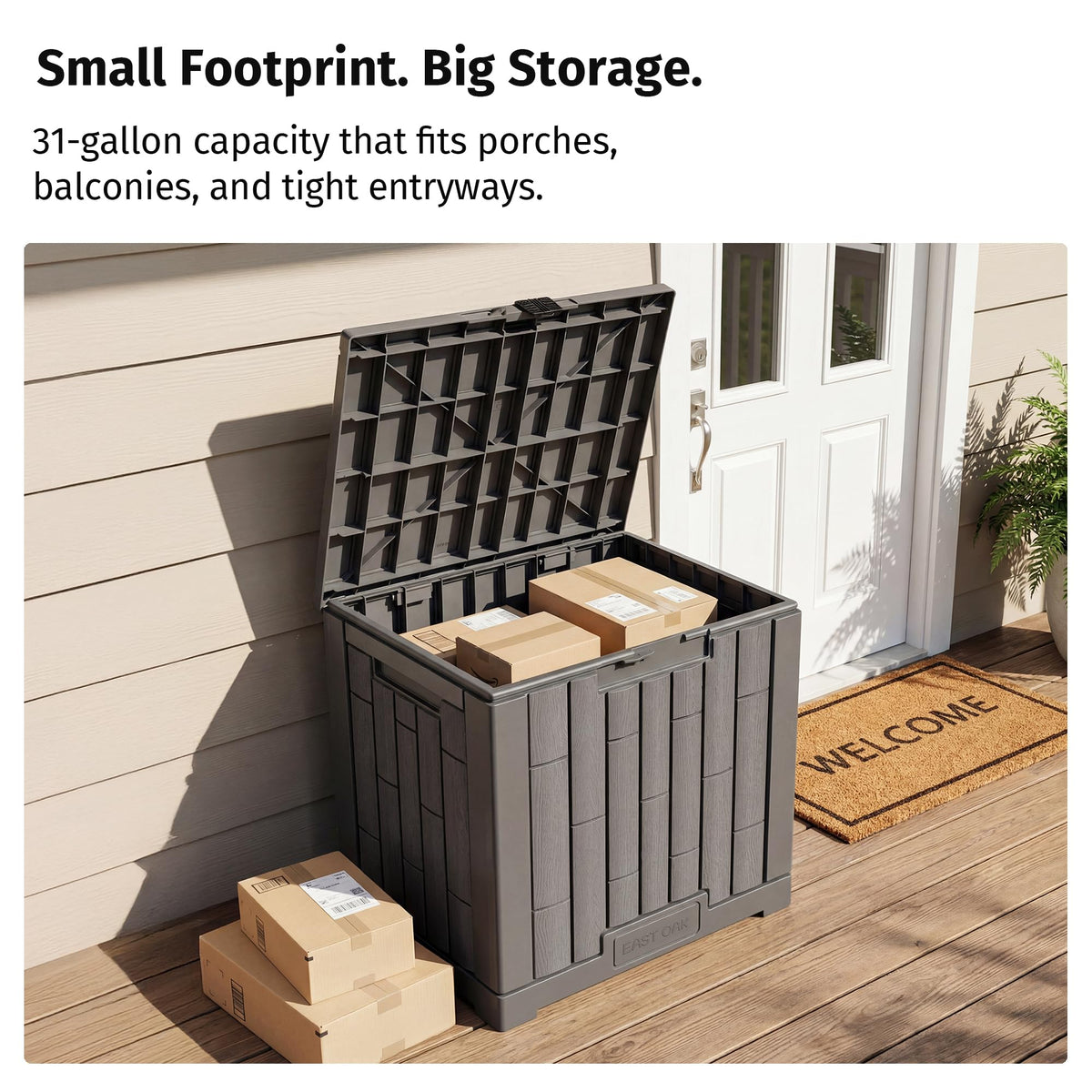 East Oak deck box doubles as extra seat or table for outdoor moments.