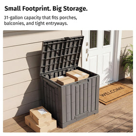 East Oak deck box doubles as extra seat or table for outdoor moments.