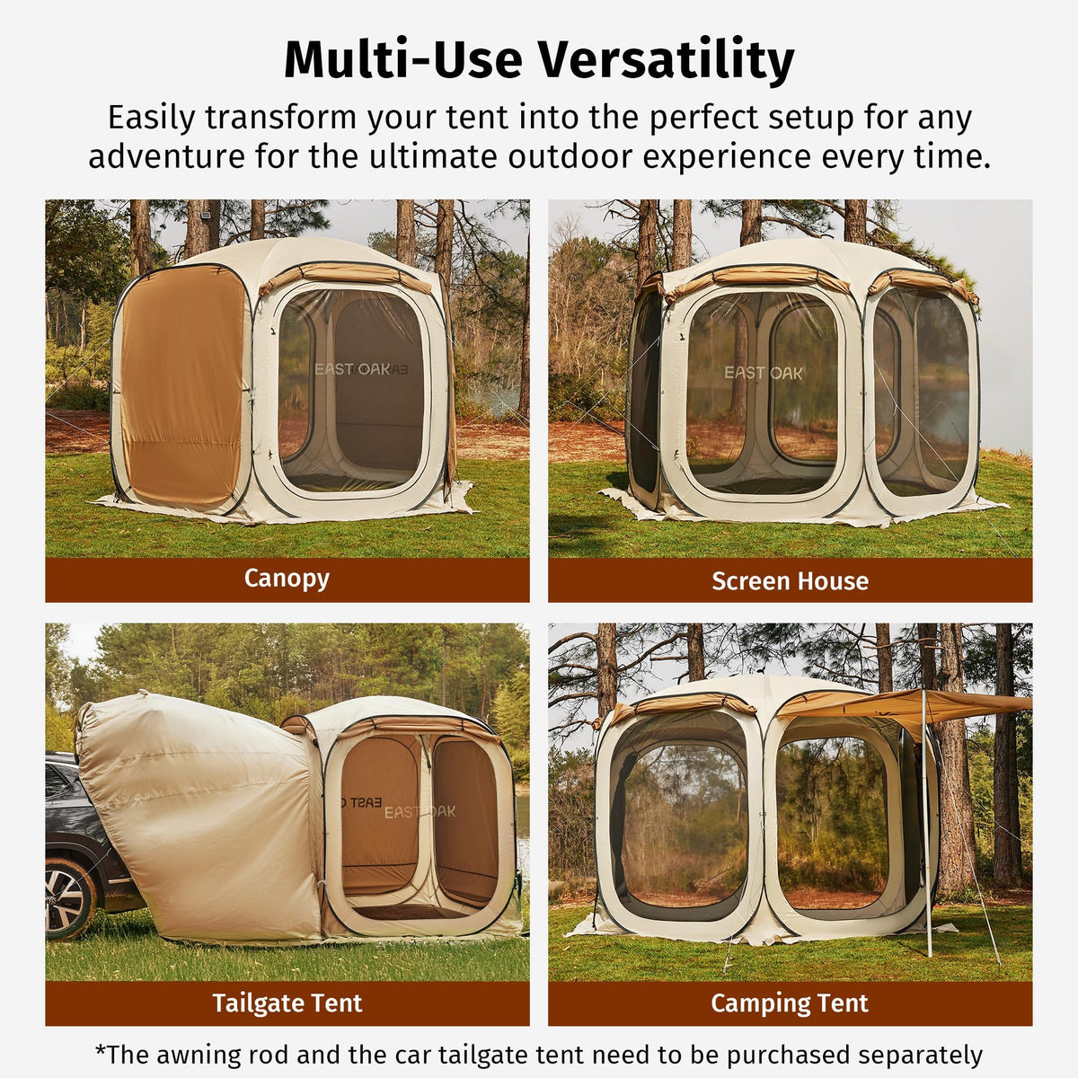 East Oak six-sunshade canopy offers ample shade for guests and activities.
