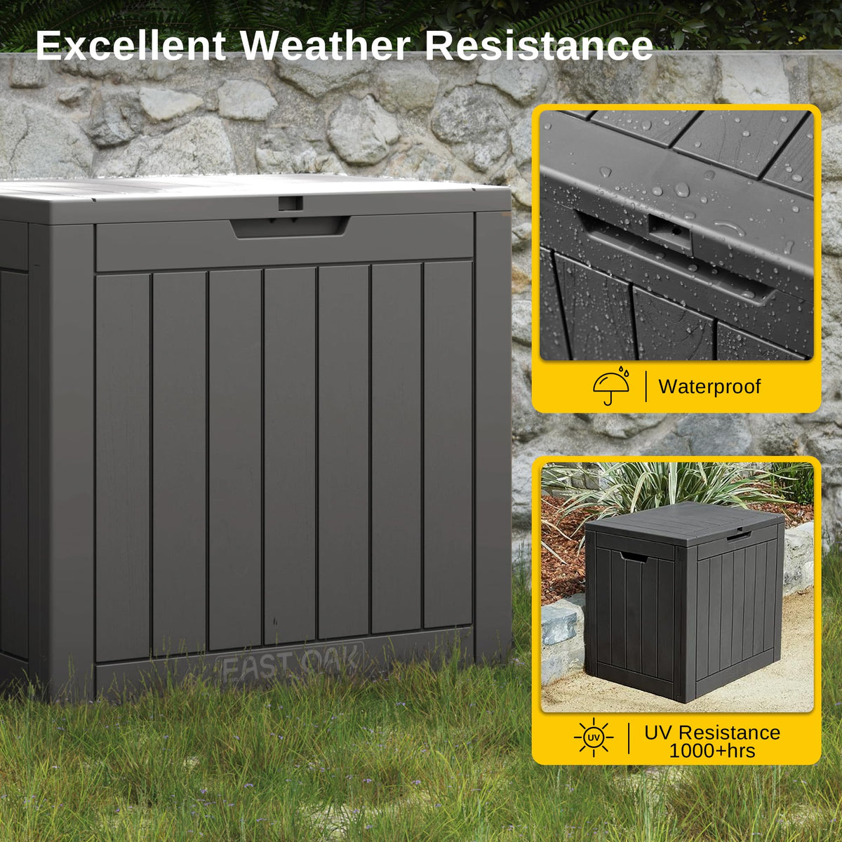 East Oak weatherproof resin construction shields cushions from rain and fading.