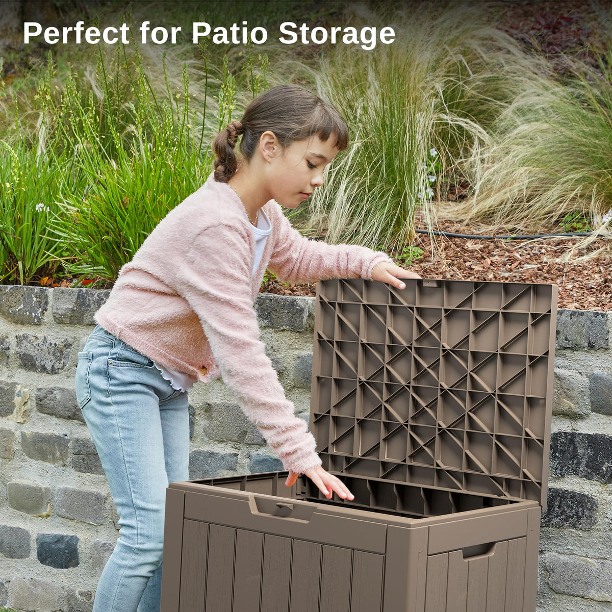 East Oak waterproof resin deck box protects contents from rain and sun.