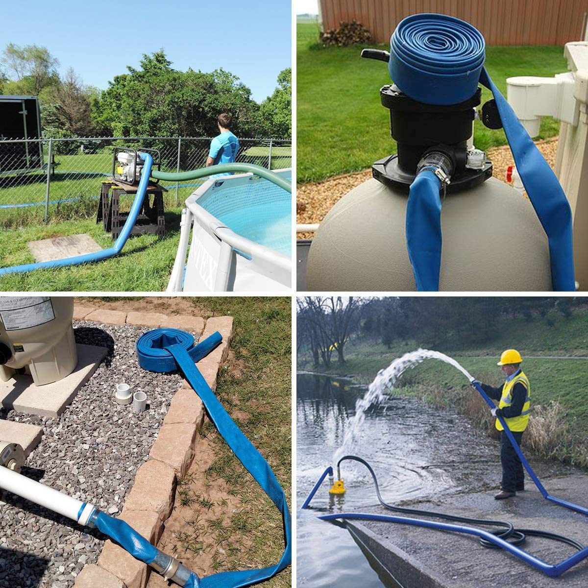Eastrans weather-resistant backwash hose for outdoor pool areas.