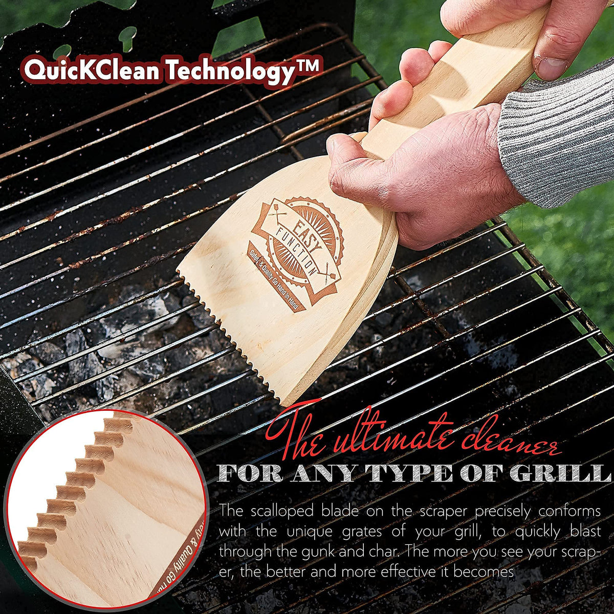 Easy Function A-grade pine wood scraper highlights no-scratch cleaning for coated grates.