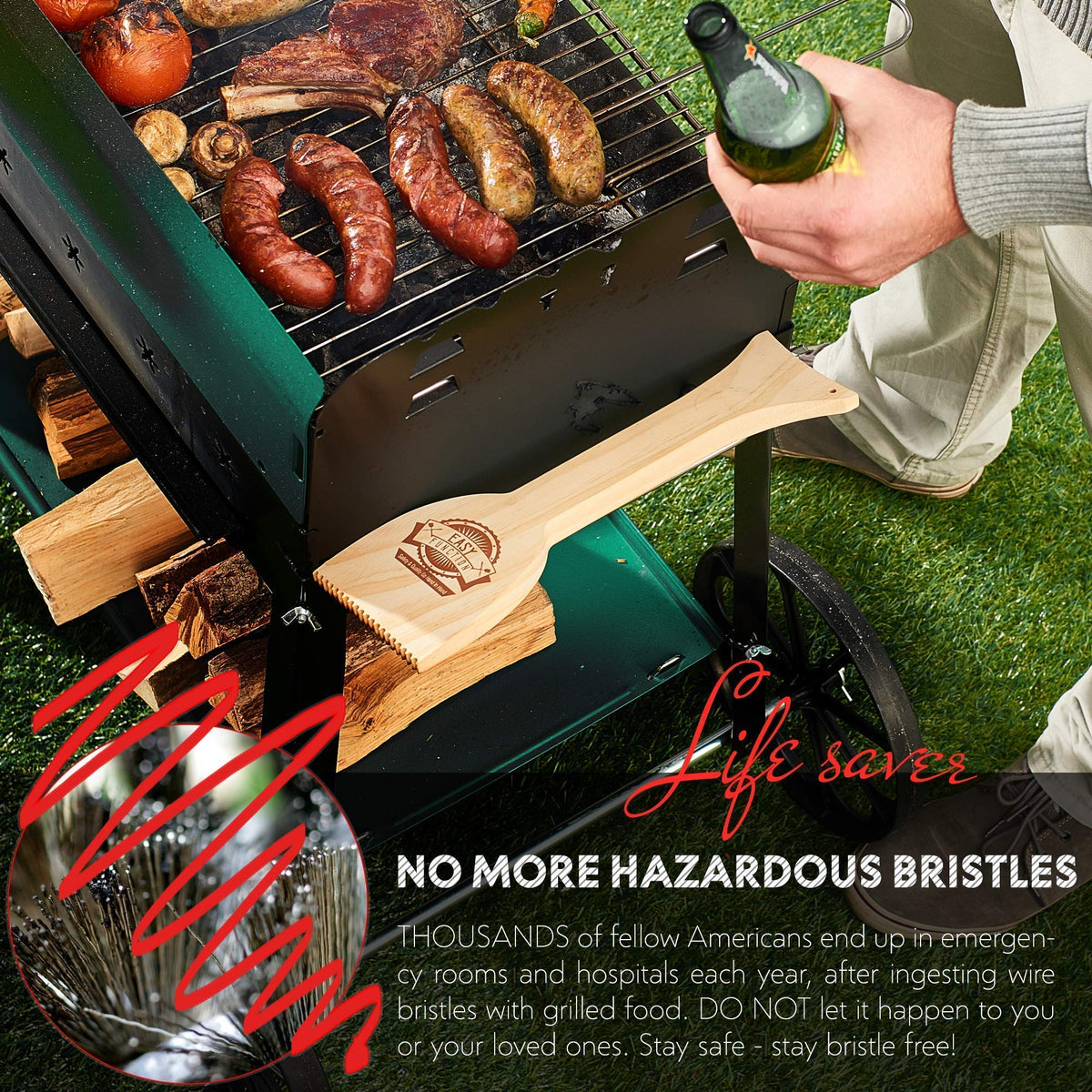 Easy Function bristle-free BBQ scraper emphasizes bristle-free design for safer food prep.