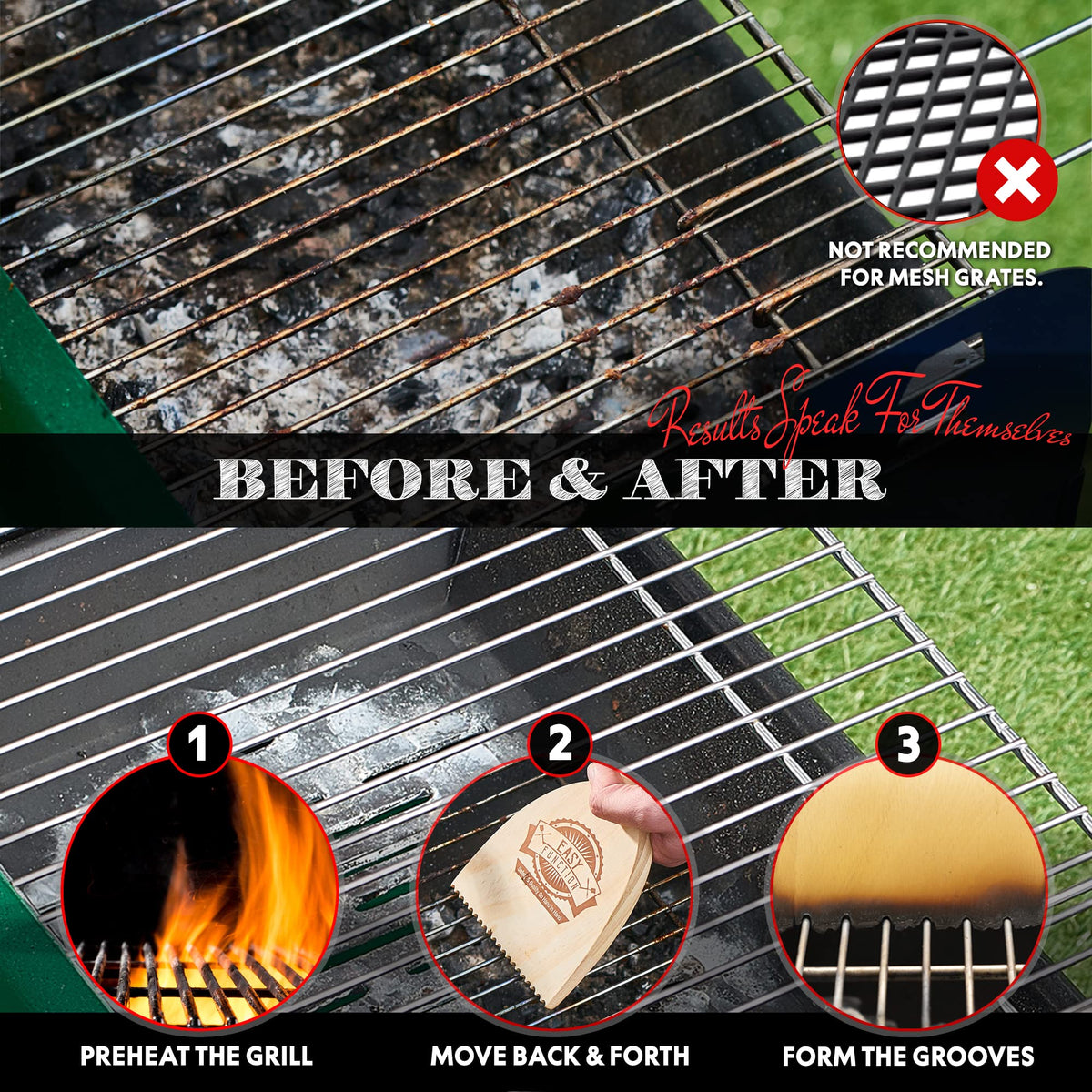 Easy Function wood grill scraper for all grates works on porcelain, ceramic, stainless.