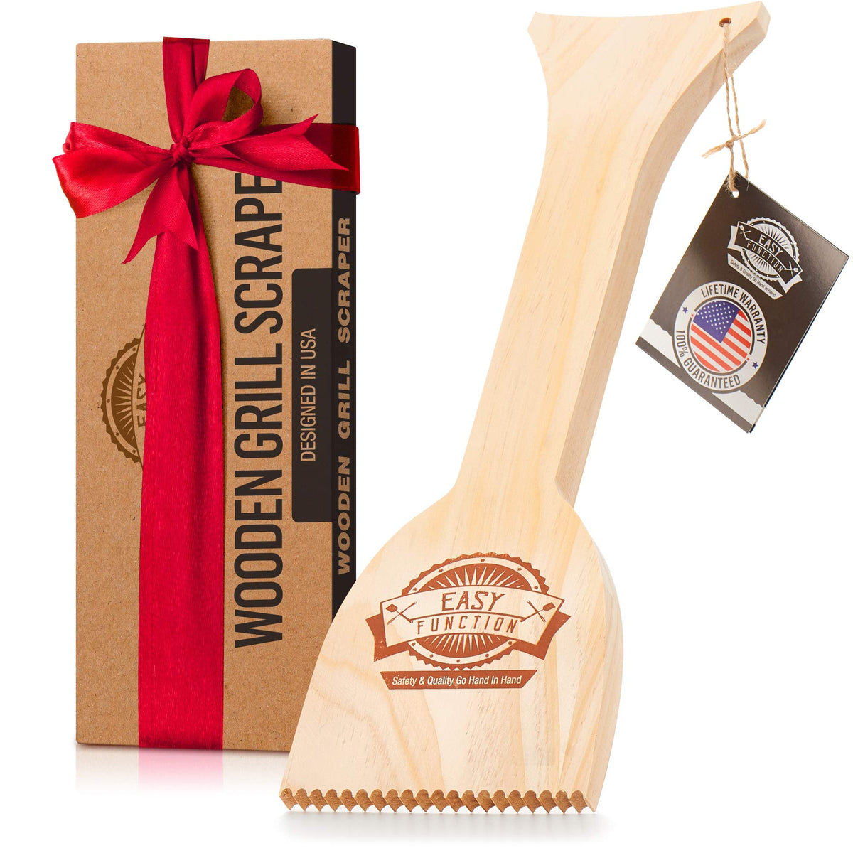 Easy Function wood grill scraper demonstrates QuickClean Tech for a deep grate clean.