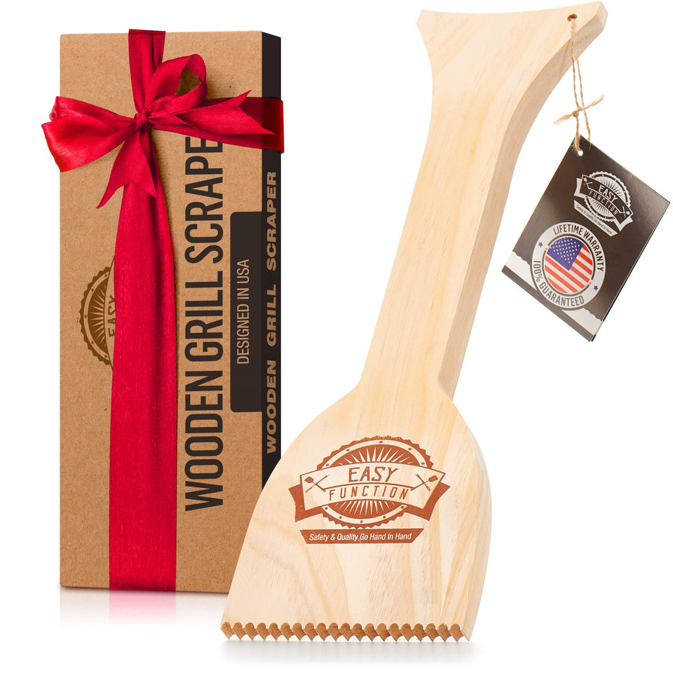 Easy Function wood grill scraper demonstrates QuickClean Tech for a deep grate clean.