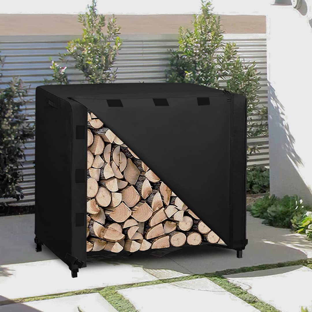 Easy-Going log rack cover side view; secure buckles prevent wind-blown movement.