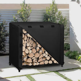 Easy-Going log rack cover side view; secure buckles prevent wind-blown movement.