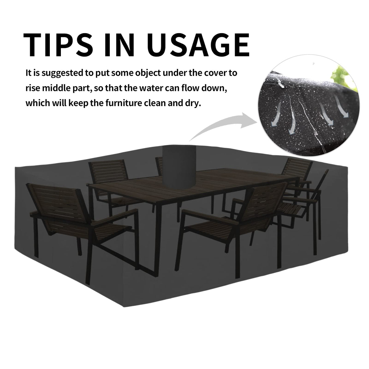 Size guide on Easy-Going 600D patio cover for rectangular furniture