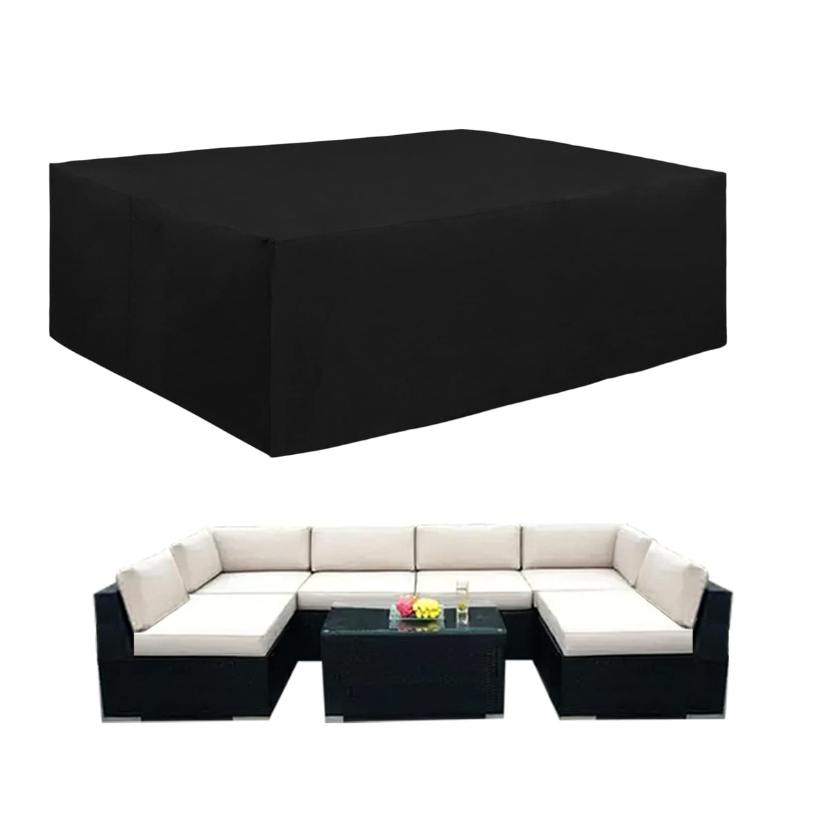 Easy-Going 600D patio cover on rectangular table protecting from rain and sun