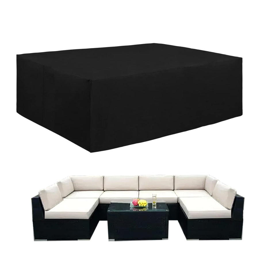 Easy-Going 600D patio cover on rectangular table protecting from rain and sun