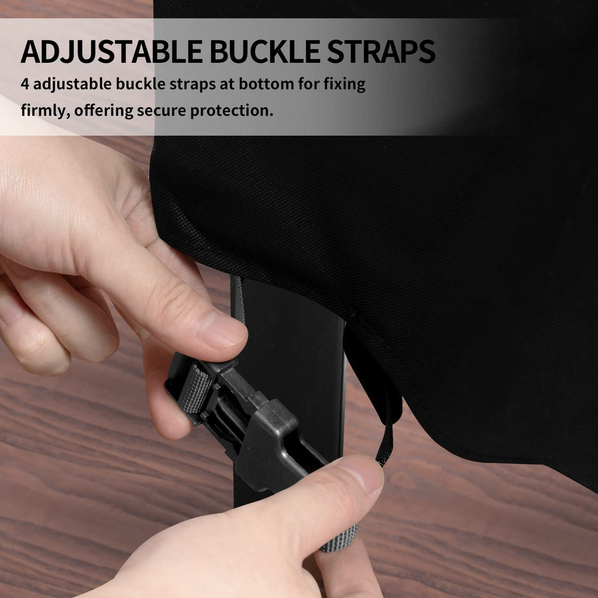 Corner buckles on Easy-Going patio cover securing against wind