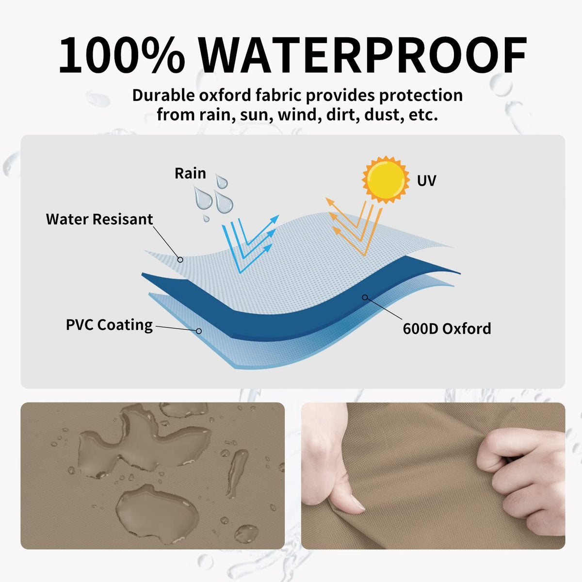 Easy-Going windproof design with click-close straps keeps the cover secure on windy days.