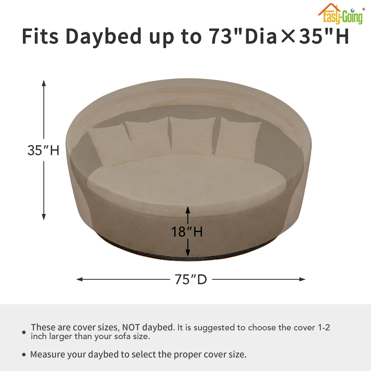 Easy-Going daybed cover side view showing secure fit for round outdoor furniture