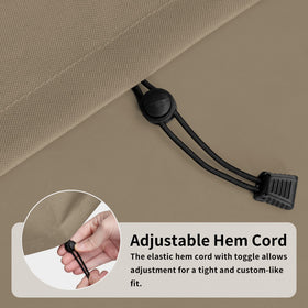 Easy-Going adjustable drawstrings illustrate wind-resistant secure fit