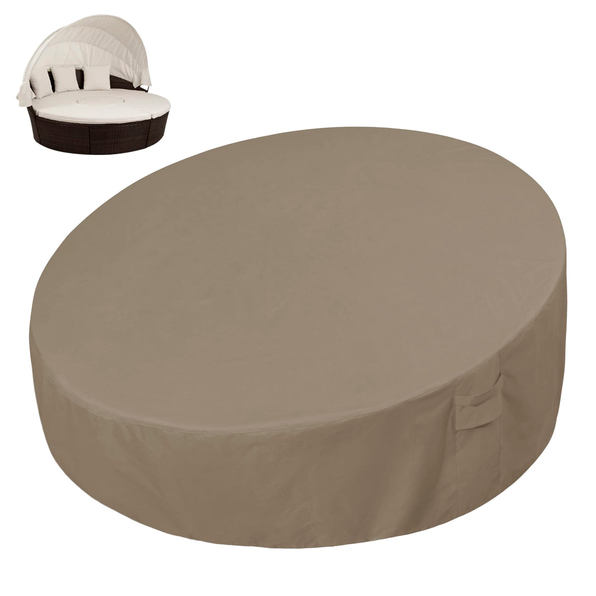 Easy-Going heavy-duty daybed cover top view protecting a 75-inch round daybed from rain