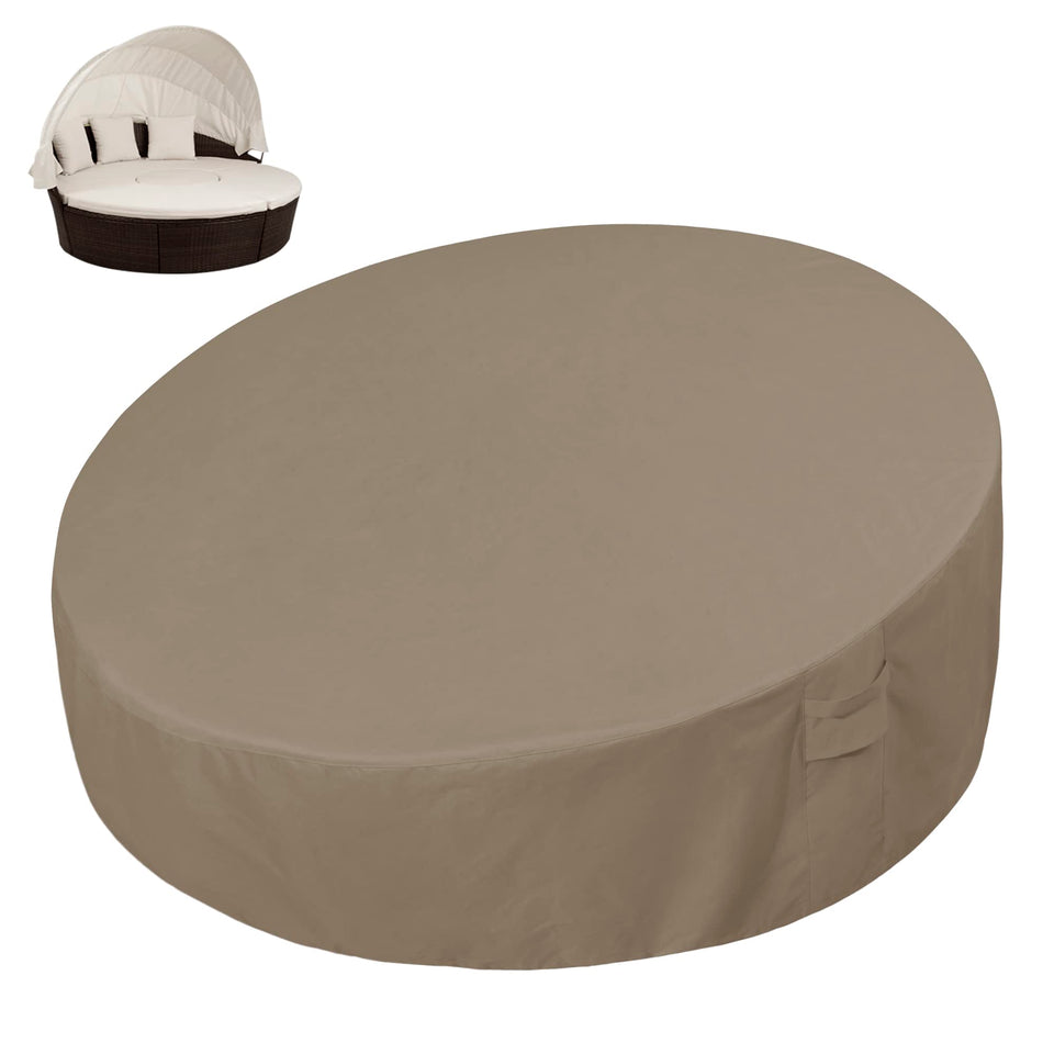Easy-Going heavy-duty daybed cover top view protecting a 75-inch round daybed from rain