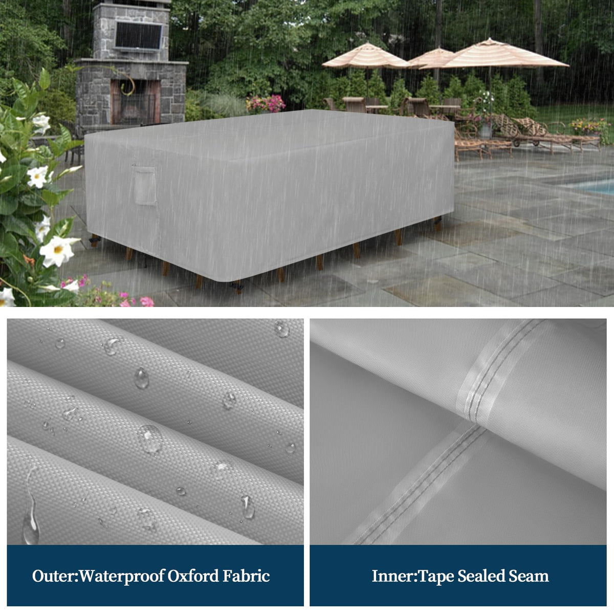 Easy-Going laminated backing close-up highlights three-layer waterproof protection.