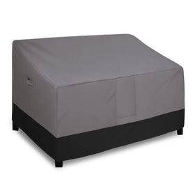 Easy-Going loveseat cover front view on sofa protects from rain and wind.