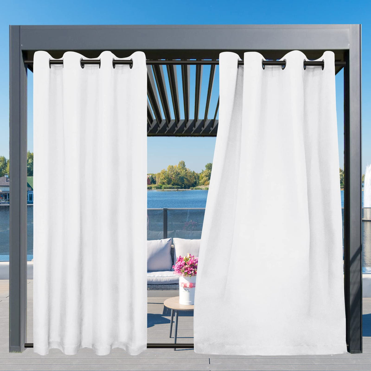 Easy-Going curtain with bottom tabs anchors securely to resist gusts.