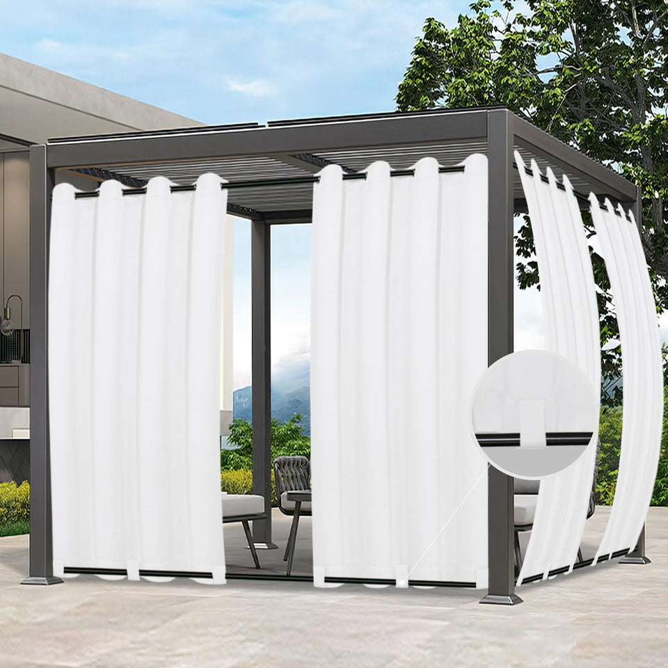 Easy-Going outdoor curtain white 54x84 inches provides private shade and rain resistance.