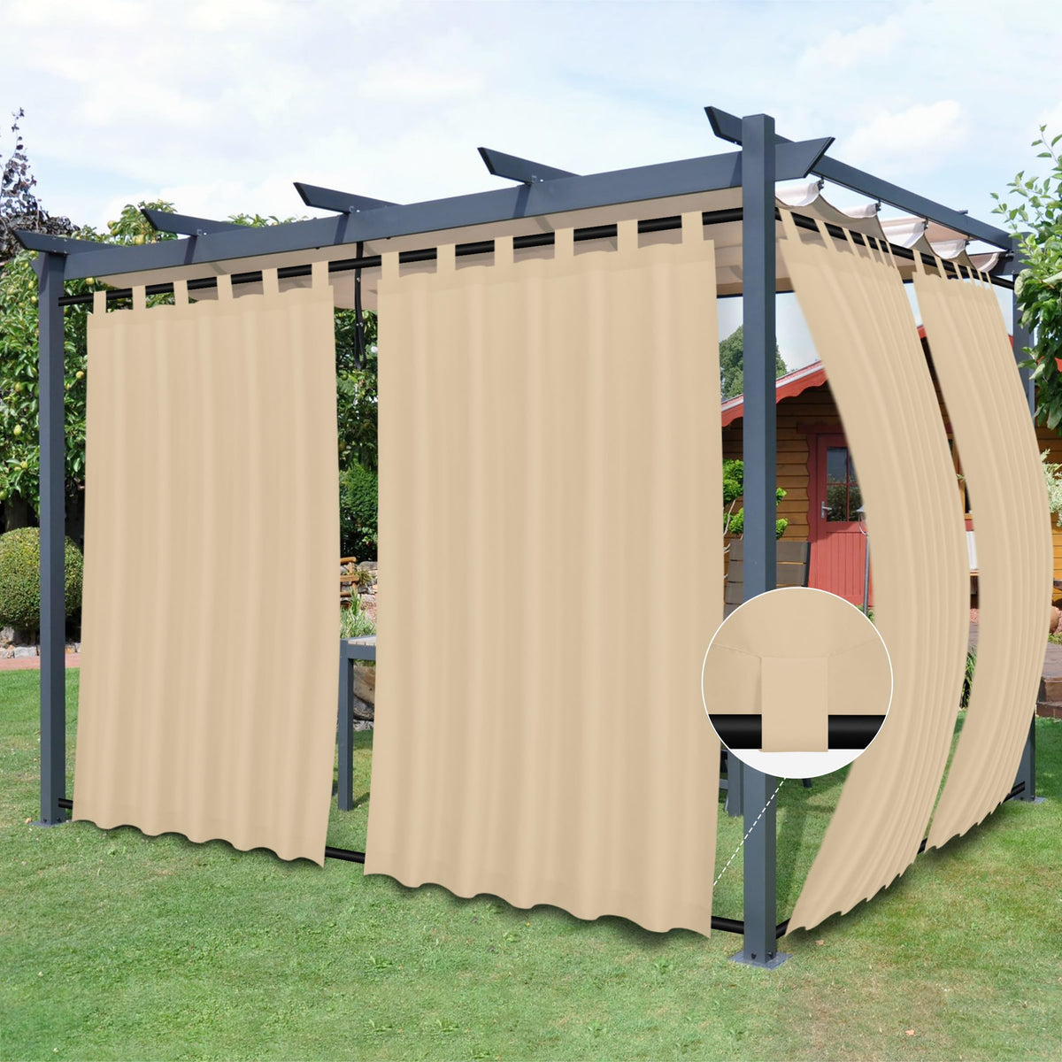 Easy-Going outdoor curtains beige 54x84 panels with detachable tab top for easy hanging.