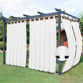 Easy-Going outdoor curtains with tab-top windproof design for easy hanging.