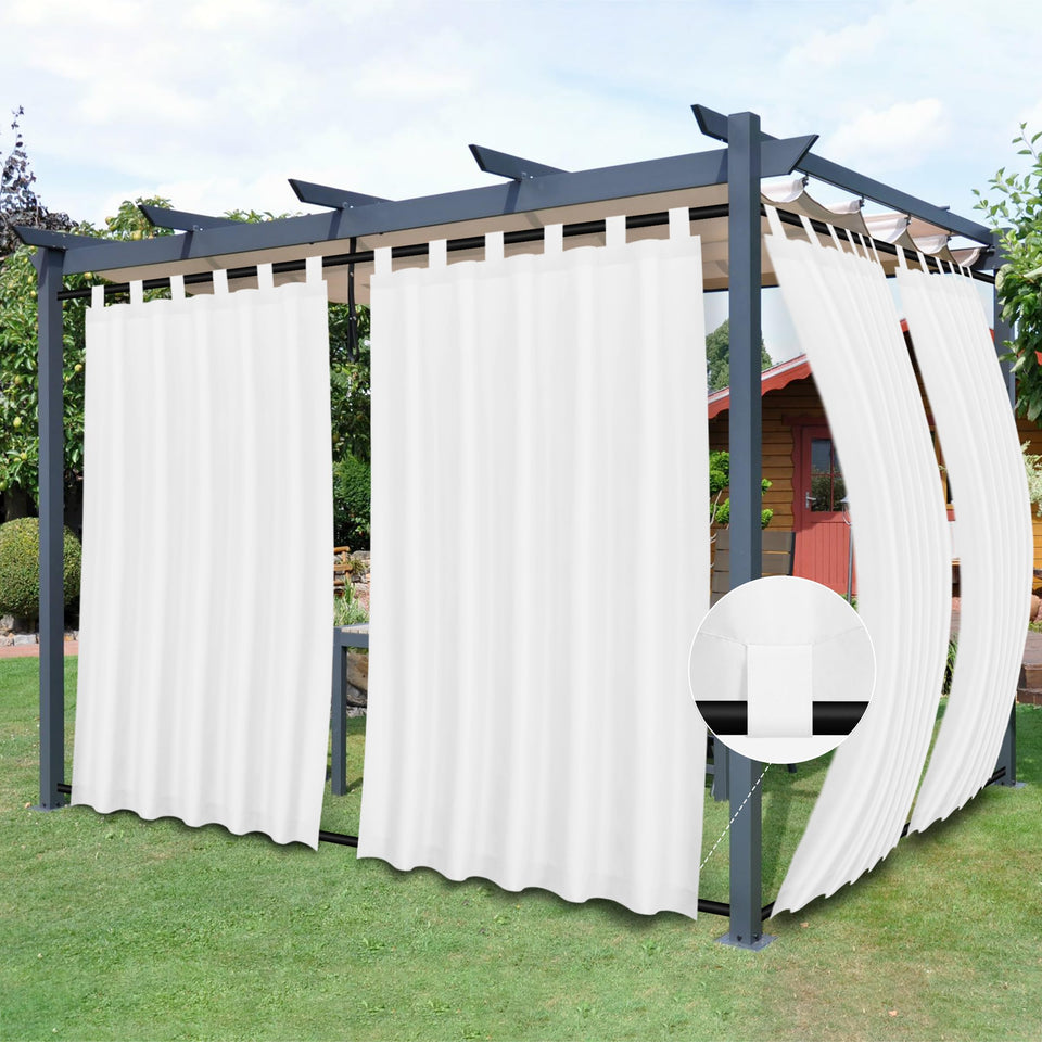 Easy-Going outdoor curtains with tab-top windproof design for easy hanging.