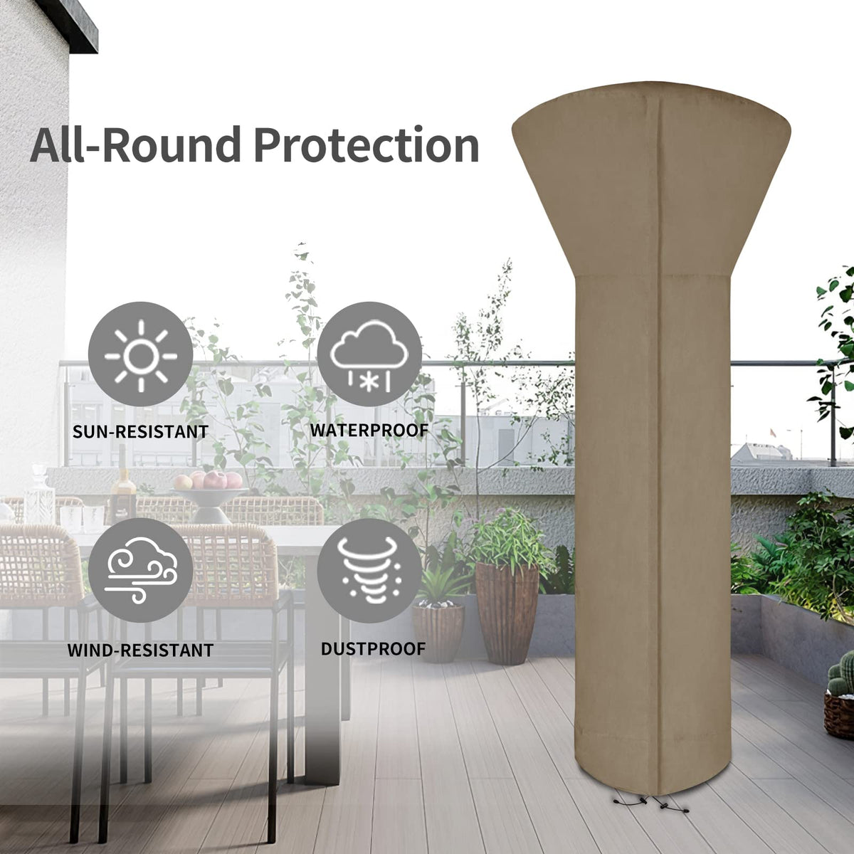 Easy-Going patio heater cover measures confidently to fit most pro-pane heaters.