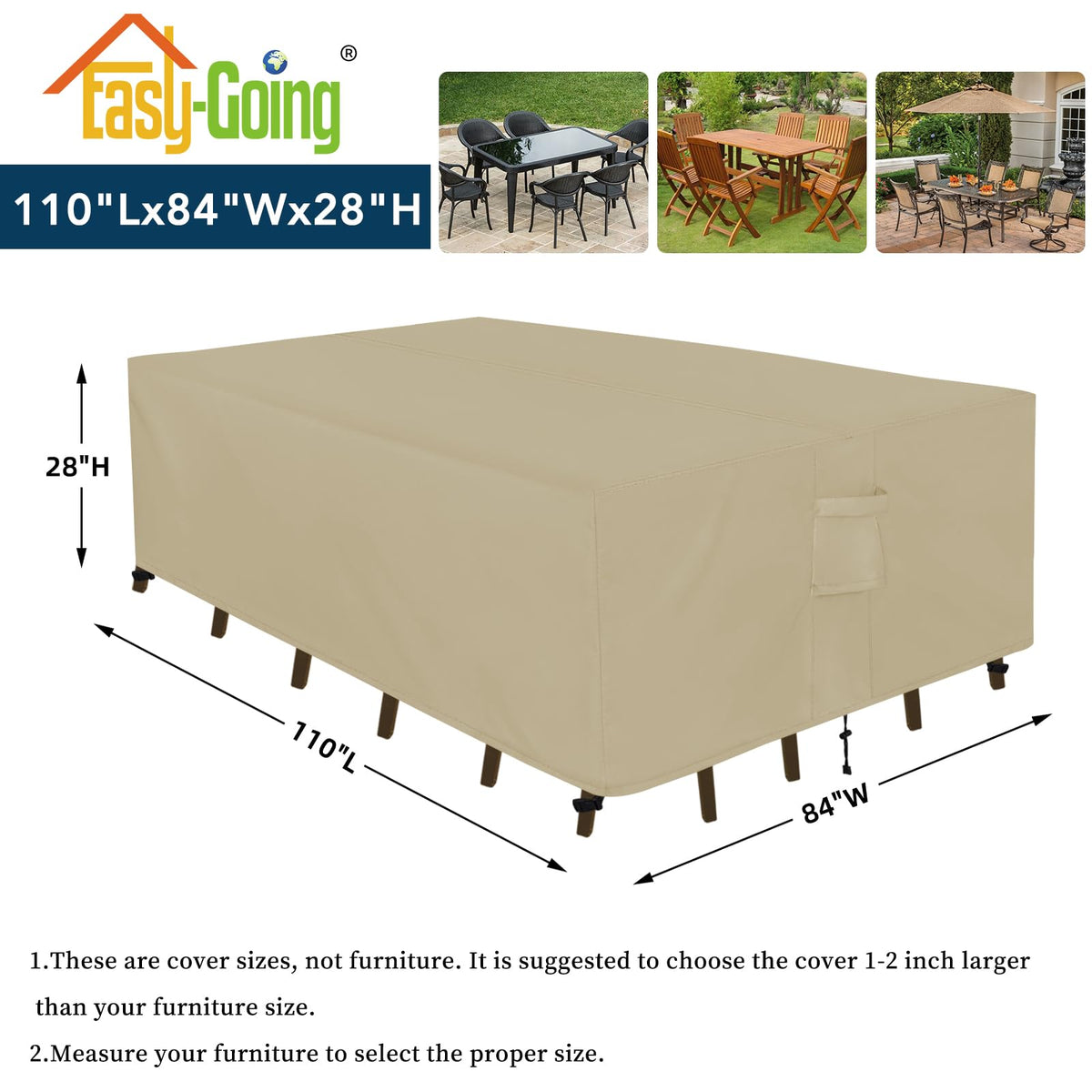 Easy-Going camel patio cover over outdoor chairs illustrating color and comprehensive cover